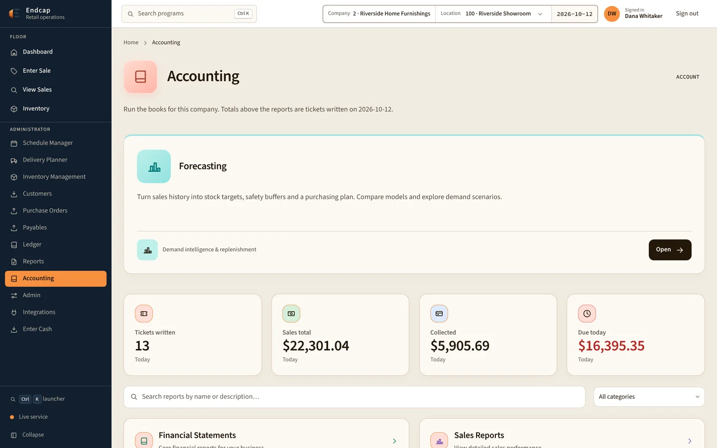 Accounting desk with today’s sales and collections
