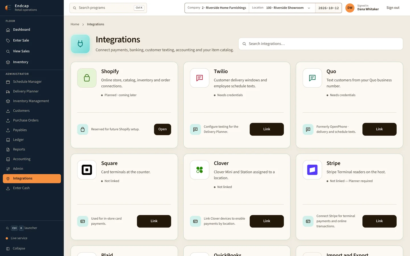 Integrations screen with Square, Clover, Stripe and more