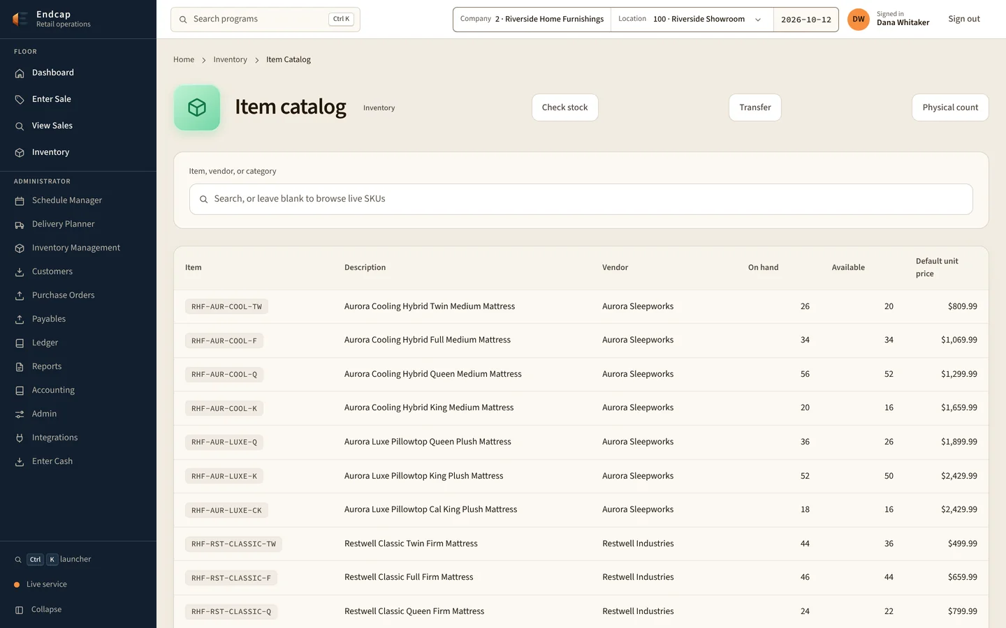 Item catalog with vendors, stock and prices