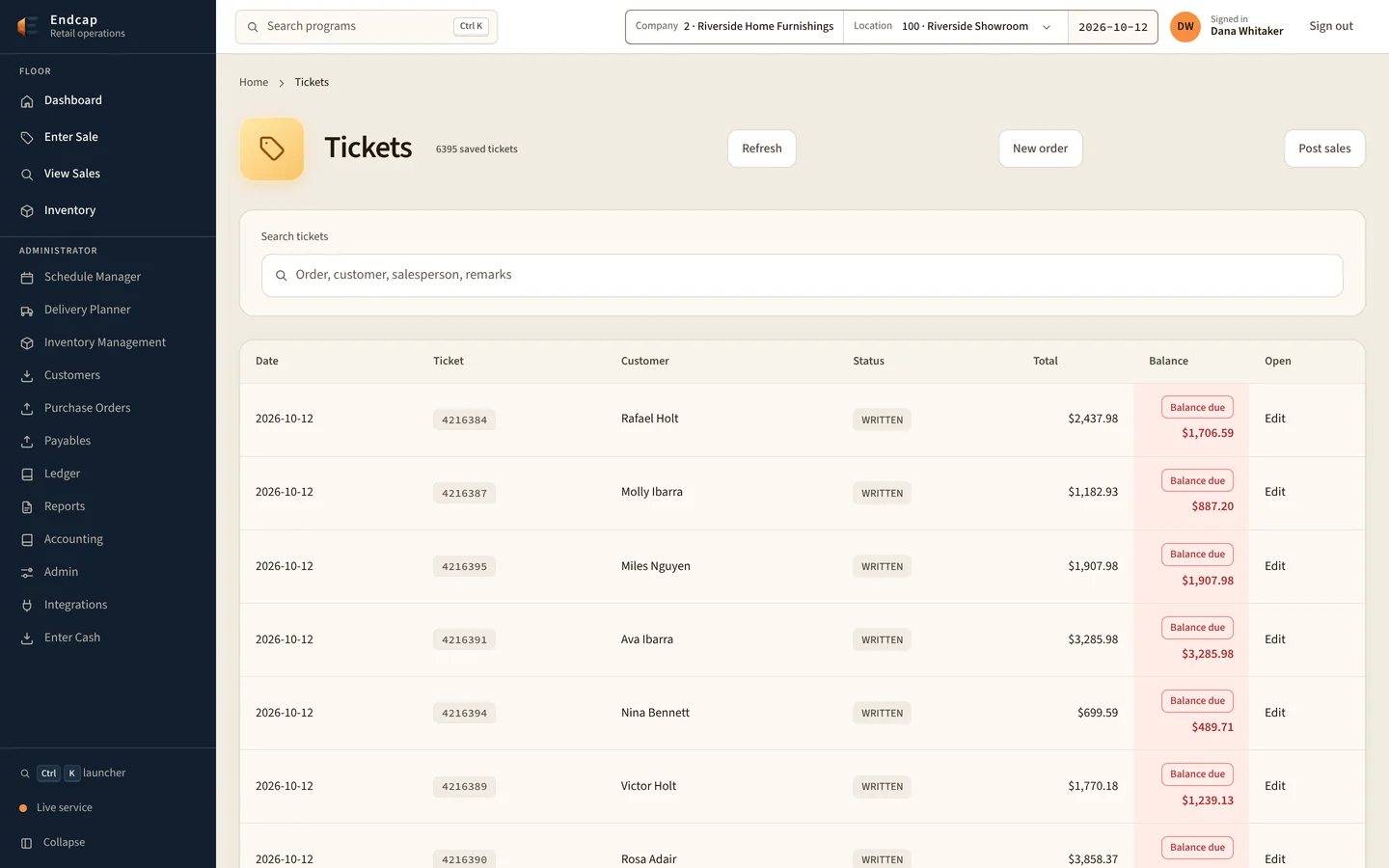 List of today’s tickets with balances due